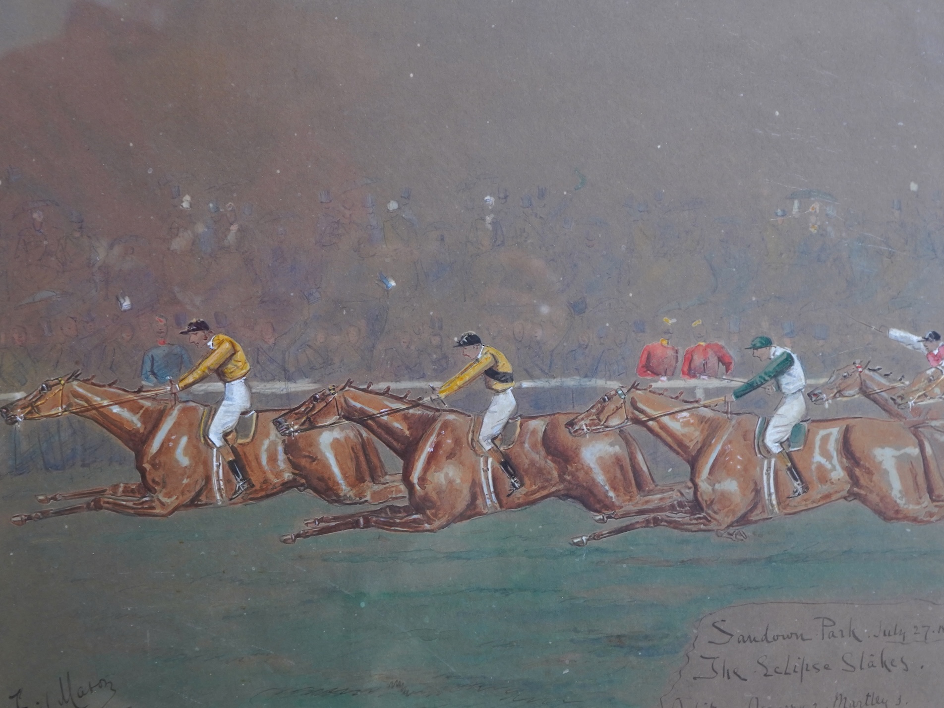 George Finch Mason (1850-1915), ‘Sandown Park, July 27 1888’, ‘The open ditch Grand National Hunt Committee’ and ‘Flowers plucked at Newmarket’, three watercolours, each is signed, largest 30 x 36cm
